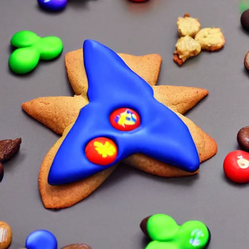 Prompt: close view of a 5 pointed star shaped m & m cookie, warm dim light