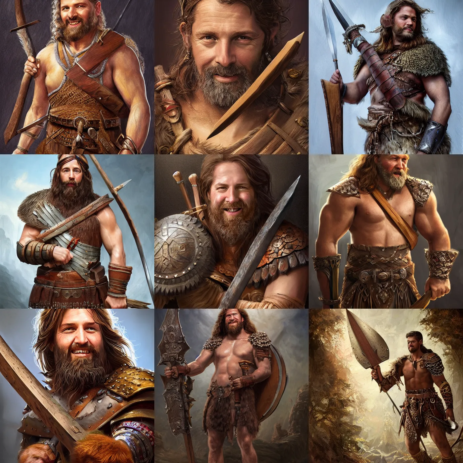 Prompt: Very highly detailed!!!!!! epic central composition studio photography of Nick Robinson wearing a barbarian tunic smiling holding a wooden sharp spear, intricate, medieval, extremely detailed, digital painting, artstation, concept art, smooth, sharp focus, illustration, studio lighting, incredible art by Anna Dittmann and Anton Pieck
