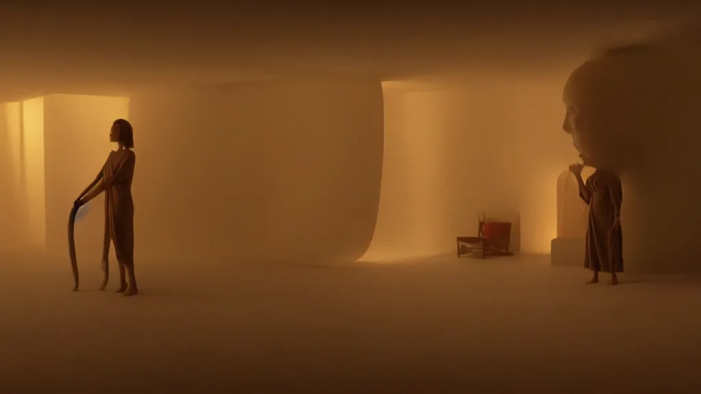 Prompt: a giant hand made of wax and water floats through the living room, film still from the movie directed by Denis Villeneuve with art direction by Zdzisław Beksiński, wide lens