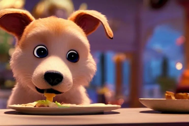 Prompt: promotional image of a puppy as a chef in the new pixar movie, movie still frame, promotional image, imax 70 mm footage