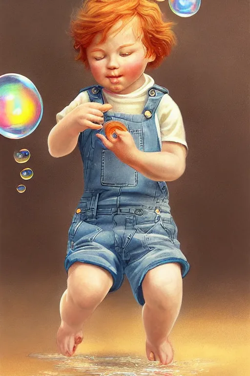 Image similar to a little boy with very short ginger hair wearing denim overalls chasing bubbles. clean elegant painting, beautiful detailed face, lots of bubbles. by artgerm and greg rutkowski