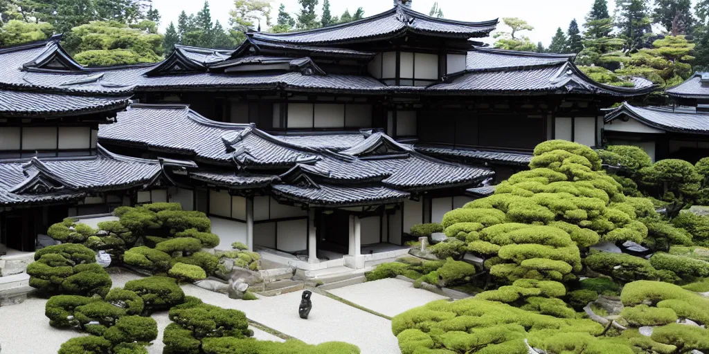 Image similar to large residence, japanese style, flared japanese black tile roof, cascadian, elegant