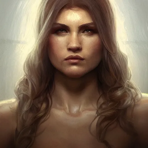 Image similar to full shot photo of UFC fighter, in the ring, cinematic, round about to start, intricate, elegant, highly detailed, digital painting, artstation, concept art, smooth, sharp, focus, illustration, art by artgerm and greg rutkowski and alphonse mucha