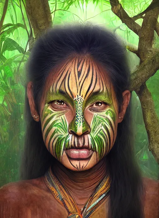 Image similar to beautiful matte painting of a portrait of a plant teacher spirit uchu sanango in the jungle, tribal face paintings, ayahuasca, matte painting, realistic