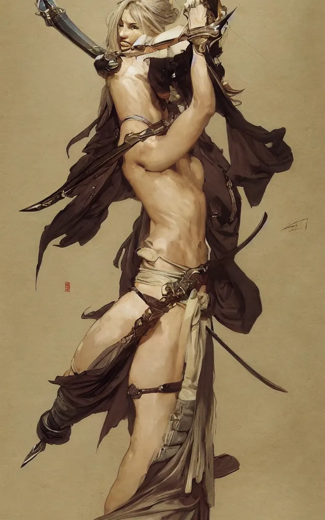 Prompt: modern elegant female ninja, with large sword, feminine, powerful, beautiful, upper body, muscular arms and abdominals, wide leg hakama trousers, highly detailed, by gaston bussiere, mucha, gerome, craig mullins, greg rutkowski, john singer sargent