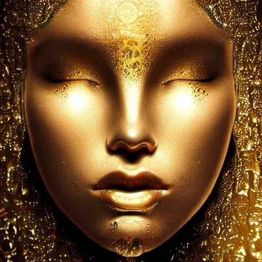 Image similar to an intricate, detailed face of an android, golden skin with water drops on it, dramatic lighting, trending on artstation, art nouveau