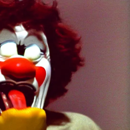 Image similar to creppy 2 0 0 1 photo of ronald mcdonald screaming in a dark room