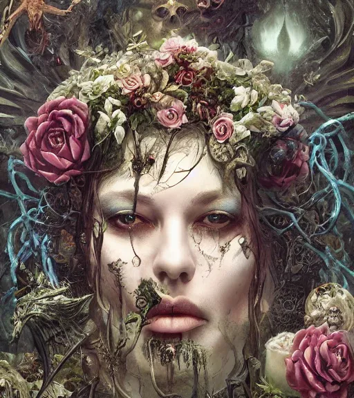 Image similar to portrait of the supreme king of the underworld, cryptic, mysterious, surrounded by skulls and overgrowth and flowers and cords, mist by karol bak, James Jean, tom bagshaw, rococo, trending on artstation, cinematic lighting, hyper realism, octane render, 8k, hyper detailed.