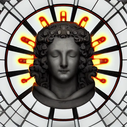 Prompt: a renaissance statue surrounded by a 3 d neon circle, 3 d render, black background, ray tracing, 8 k resolution, sharp focus, hyper detailed, hyper realistic