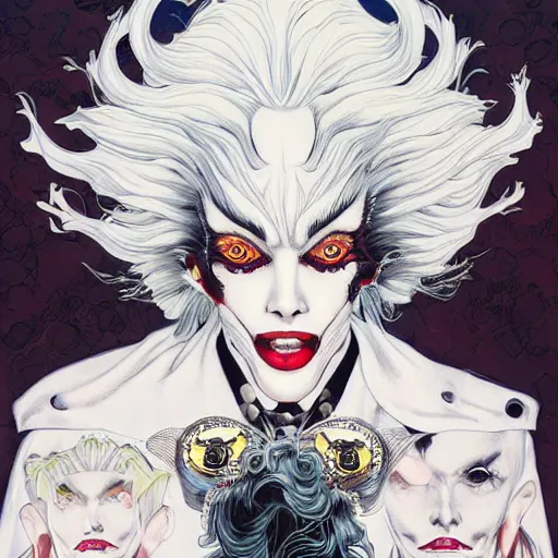 Image similar to portrait closeup of crazy cruella de vil, symmetrical, by yoichi hatakenaka, masamune shirow, josan gonzales and dan mumford, ayami kojima, takato yamamoto, barclay shaw, karol bak, yukito kishiro