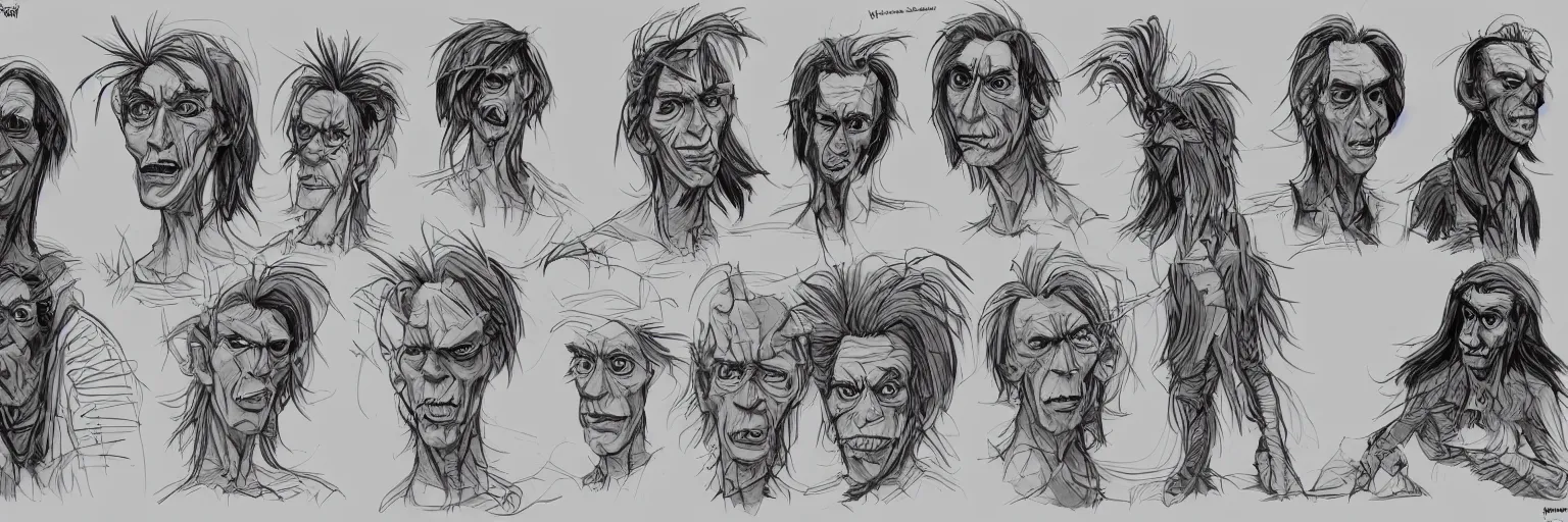 Image similar to character study of julian lage and iggy pop, clear faces, wild, crazy, character sheet, fine details, concept design, contrast, kim jung gi, pixar and da vinci, trending on artstation, 8 k, full body and head, turnaround, front view, back view, ultra wide angle