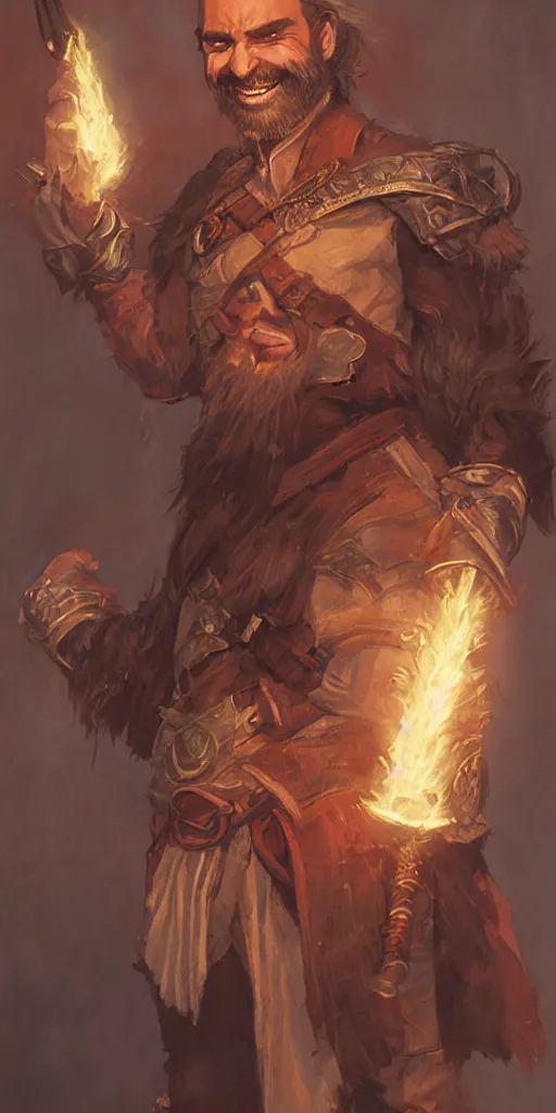 Image similar to beautiful portrait painting of a very short and small male halfing bard with brown hair with some grey hairs, full beard, ridiculous smile, from pathfinder, evil smirk, narcissist, self centered, casting fireball, painted by larry elmore, wayne reynolds, greg rutkowski, magic the gathering, dungeons and dragons, dishonored 2