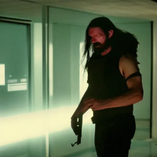 Prompt: a 4 k cinematic film still portrait of aphex twin breaking into the office from a gritty cyberpunk 2 0 0 0 s james cameron movie about the punisher. realism, cinematic lighting, 4 k. 8 mm. grainy. panavision.
