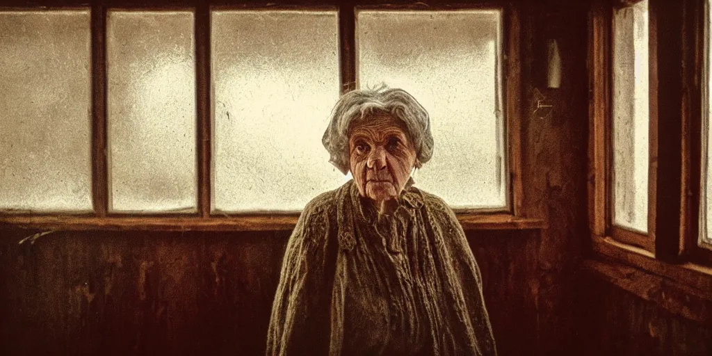 Image similar to portrait bust of old woman, tired expression, faded color film, russian cinema, tarkovsky, kodachrome, inside old cabin, next to window, heavy forest outside, long brown hair, old clothing, heavy fog, brown color palette, hudson river school, 4 k, dramatic lighting, greg rutkowski