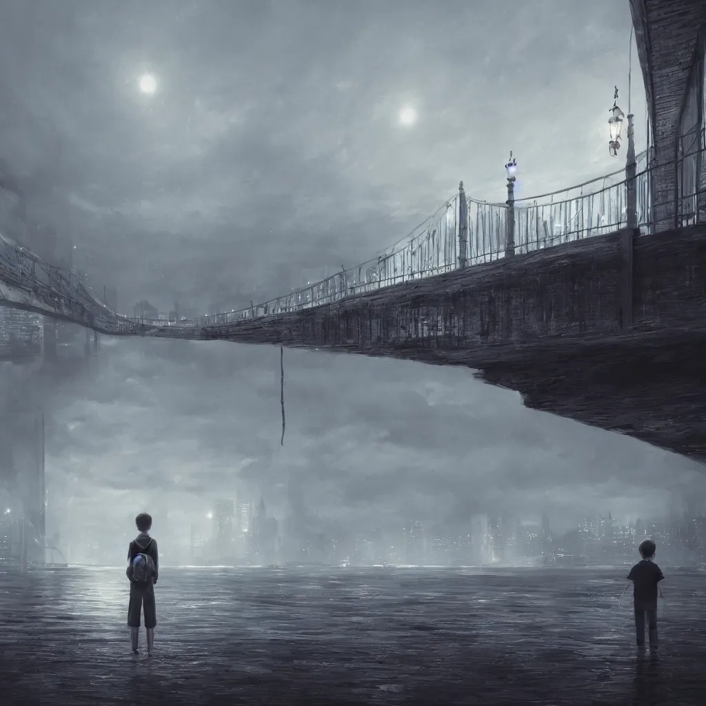 Prompt: a lonely boy in a city bridge looking to the river at night, digital painting, masterpiece, digital art, hyperrealistic, concept art, octane render, unreal engine 5, trending on deviantart, sad atmosphere, centered, anatomically correct, oil painting, high contrast, serene scenery, loneliness