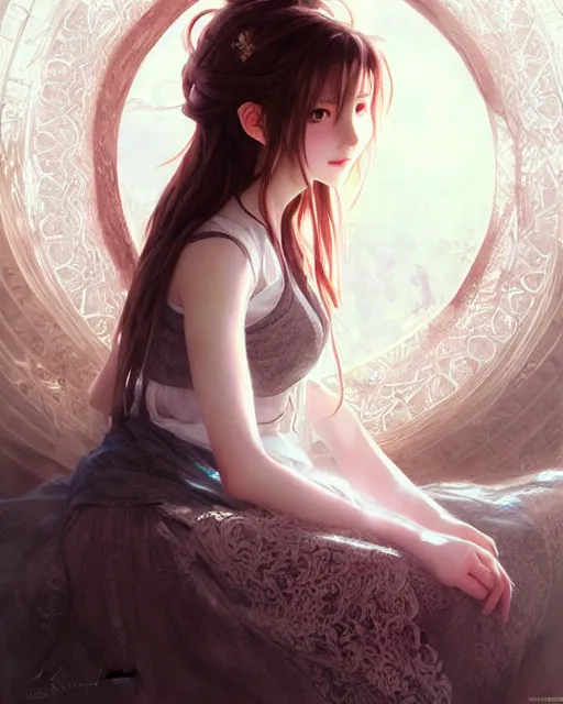 Image similar to aerith gainsborough in lace skirt, portrait, illustration, rim light, top light, perfectly shaded, soft painting, art by krenz cushart and wenjun lin