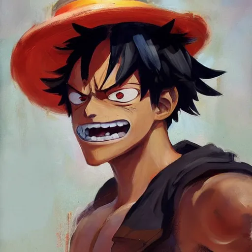 Prompt: greg manchess portrait painting of luffy as overwatch character, medium shot, asymmetrical, profile picture, organic painting, sunny day, matte painting, bold shapes, hard edges, street art, trending on artstation, by huang guangjian and gil elvgren and sachin teng