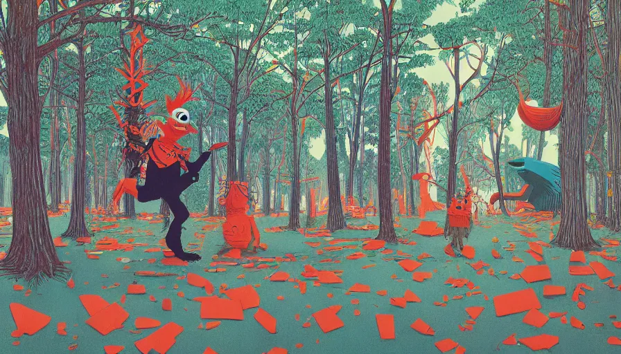 Image similar to safety cones scattered around an oak tree forest, man in muppet bigfoot sri lankan mask costume dancing in the distance dancing, by james jean by ilya kuvshinov kintsugi, hyper detailed surrealist painting