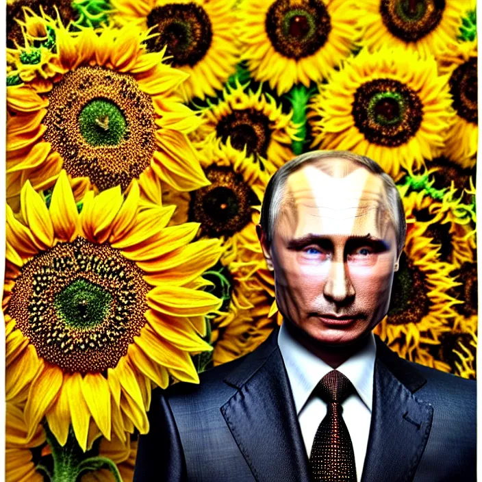 Image similar to photo portrait of Vladimir Putin - sunflowers - dressed in leisure suit with ornamental ethereal sunflower pattern, natural skin tone, highly detailed realistic flowers ornament in the upper side of breast, hair, eyebrows and wrinkles are intricate with highly detailed realistic flowers, elegant, Realistic, Refined, Highly Detailed, natural soft pastel lighting colors scheme, fine art photography by Cecil Beaton, volumetric lighting, hyper realistic photography