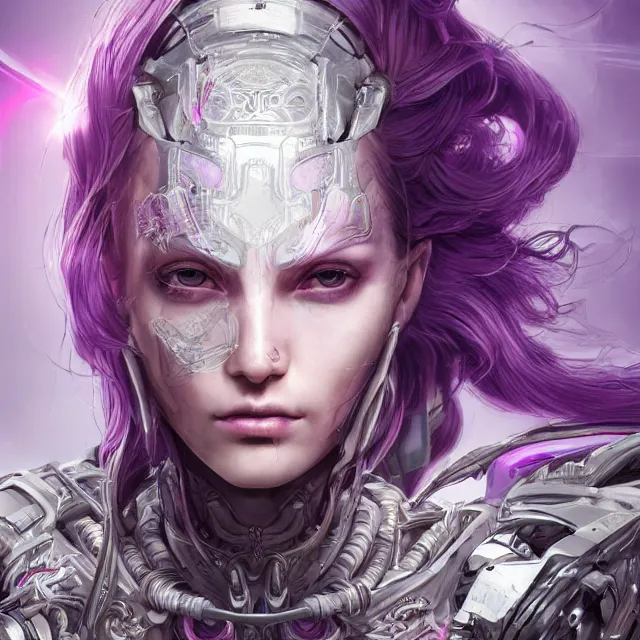 Image similar to close facial portrait of a pale woman in futuristic bionic armor with flowing purple hair, elegant, stoic, intense, ultrafine hyperdetailed illustration by kim jung gi, irakli nadar, intricate linework, sharp focus, bright colors, octopath traveler, final fantasy, hearthstone, highly rendered, global illumination, radiant light, detailed, intricate environment