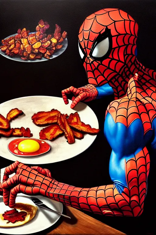 Image similar to spider - man eating fried eggs and bacon, oil painting, high detail, dark lighting, atmospheric, extremely detailed, intricate, da vinci, michelangelo, caravaggio, hans holbein, raphael, donatello, 8 k