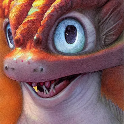 Prompt: happy and cute face of dilophosaurus, face only, smile, big cute eyes, pencil drawing, pastel, by marc simonetti
