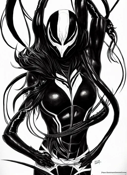 Image similar to symmetry concpet art, full shot, traditional ink, sketch, of megan fox as venom, line sketch, intricate, elegant, highly detailed, monochrome, digital painting, artstation, concept art, sharp focus, illustration, art by borderlands 3 and peter polach