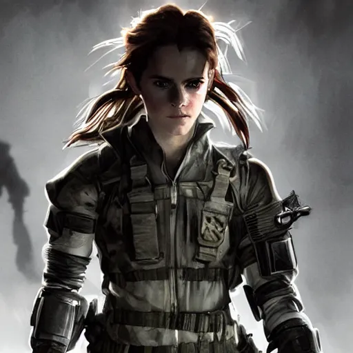 Image similar to emma watson wearing metal gear armor dramatic lighting cinematic cinematic lighting by Richard Schmid by Yoji Shinkawa by greg rutkowski