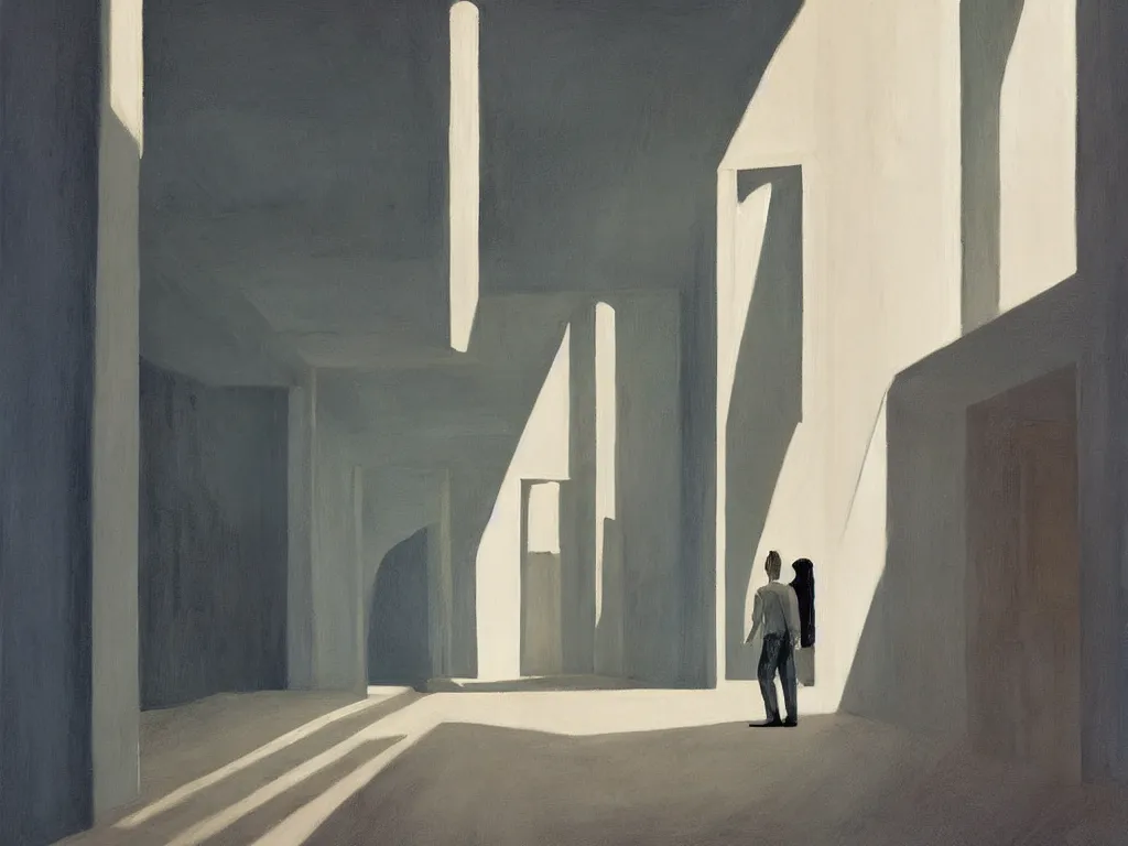 Prompt: colorful minimalist industrial interior hallway with monolithic pillars in the style of ridley scott and stanley kubrick, impossible architecture, ultra view angle view, lone person in the distance, realistic detailed painting by edward hopper