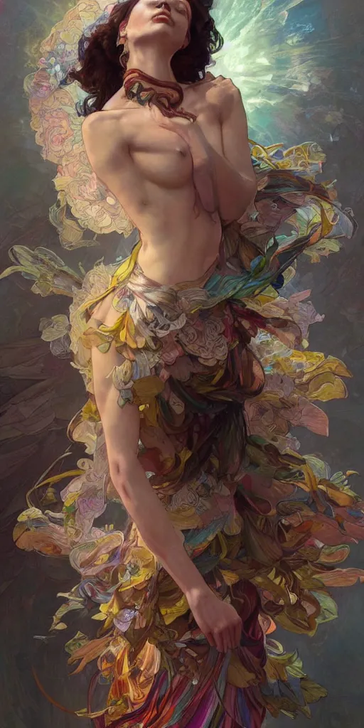 Prompt: portrait of freedom, ethereal, expressive pose, acrobatic, rainbow eyes, ornate frilly dress, fantasy, intricate, elegant, highly detailed, digital painting, artstation, concept art, smooth, sharp focus, illustration, art by artgerm and greg rutkowski and alphonse mucha