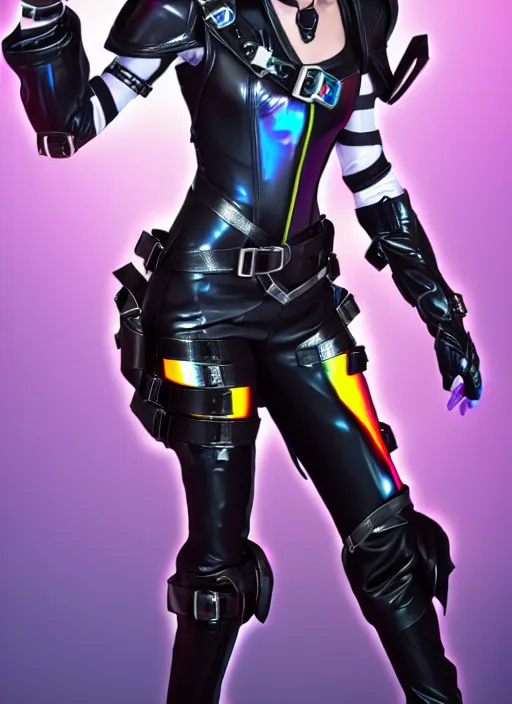 Image similar to full body digital artwork of tracer overwatch, wearing black iridescent rainbow latex, 4 k, expressive happy smug expression, makeup, in style of mark arian, wearing detailed black leather collar, wearing sleek armor, black leather harness, expressive detailed face and eyes,