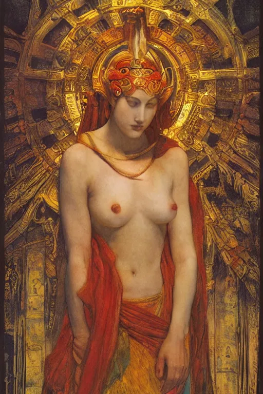 Image similar to goddess of the ancient city by Annie Swynnerton and Nicholas Roerich, strong dramatic cinematic lighting , ornate headdress , flowing robes, lost civilizations, smooth, sharp focus, extremely detailed