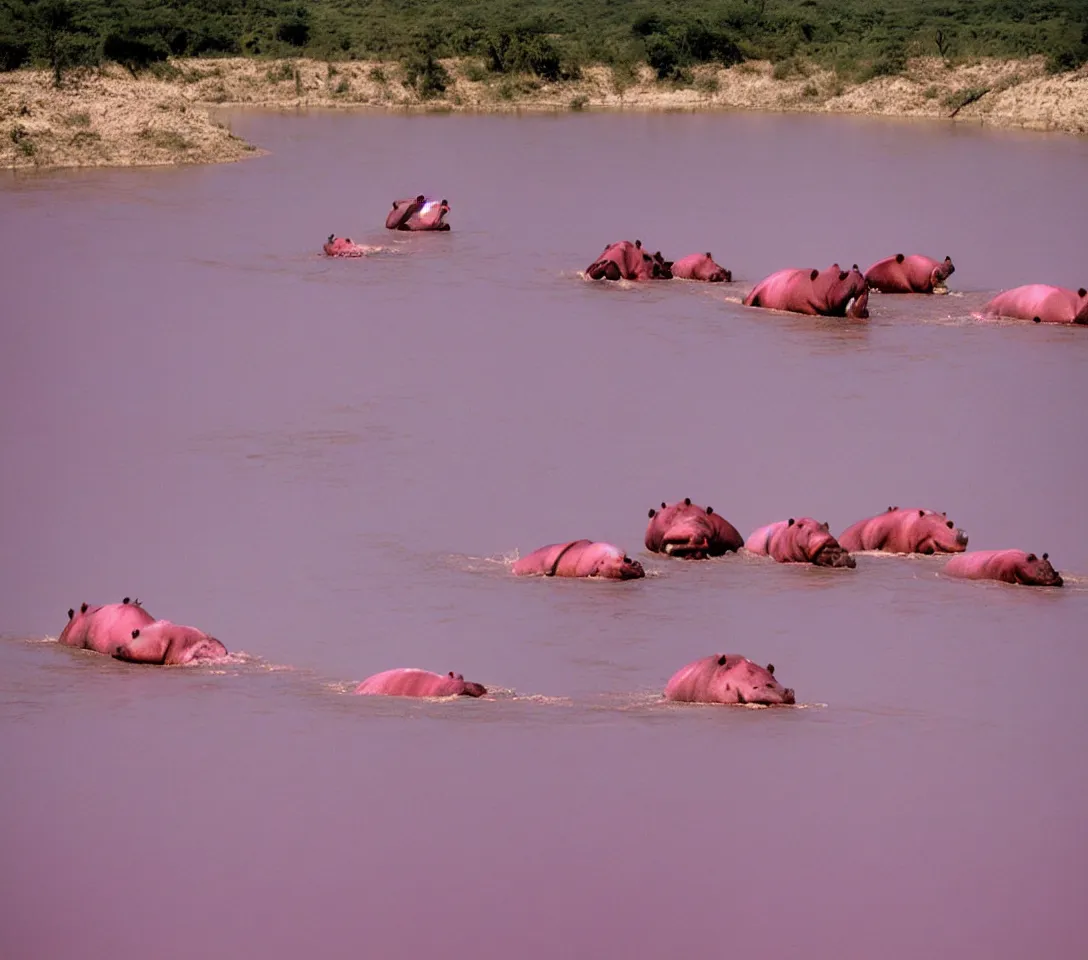 Prompt: a 3 5 mm photography, kodachrome colour of 3 0 hippos running in a pink lake, taken by martin parr