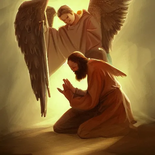 Image similar to angels protecting a praying man, by Quentin de Warren, Trending on artstation, deviantart