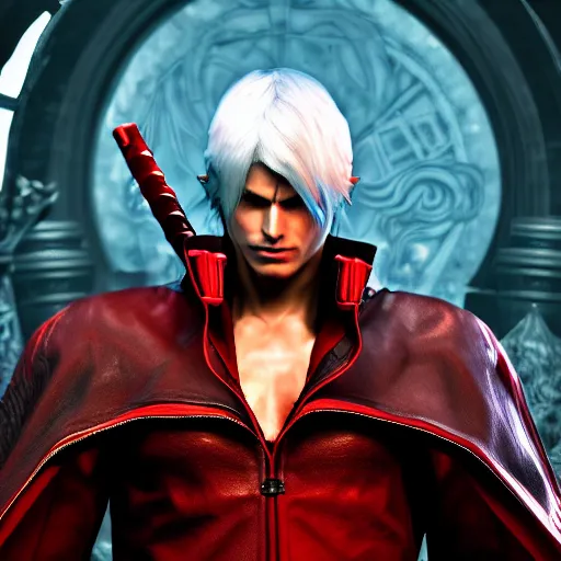 Image similar to a portrait of a Dante devil may cry ,Capcom, Grim fantasy, dlss, HDR, natural light, shoulder level shot, dynamic pose, award winning photograph, Mucha style 4k,