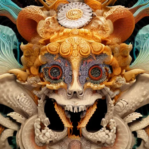 Image similar to 3 d goddess close - up frontal portrait with ram golden skull. beautiful intricately detailed japanese fractal kitsune mask and clasical japanese kimono. betta fish, jellyfish phoenix, bio luminescent, plasma, ice, water, wind, creature, mandelbulb, fractal, artwork by tooth wu and wlop and beeple and greg rutkowski