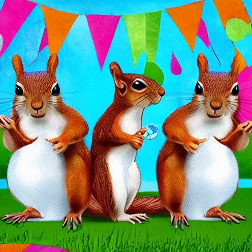 Image similar to three squirrel s having a cool birthday party, highly detailed