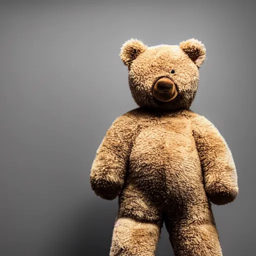 Image similar to Portrait studio photograph of Kanye West standing in front of a anthropomorphic teddy bear, close up, shallow depth of field, in the style of Felice Beato, Noir film still, 40mm