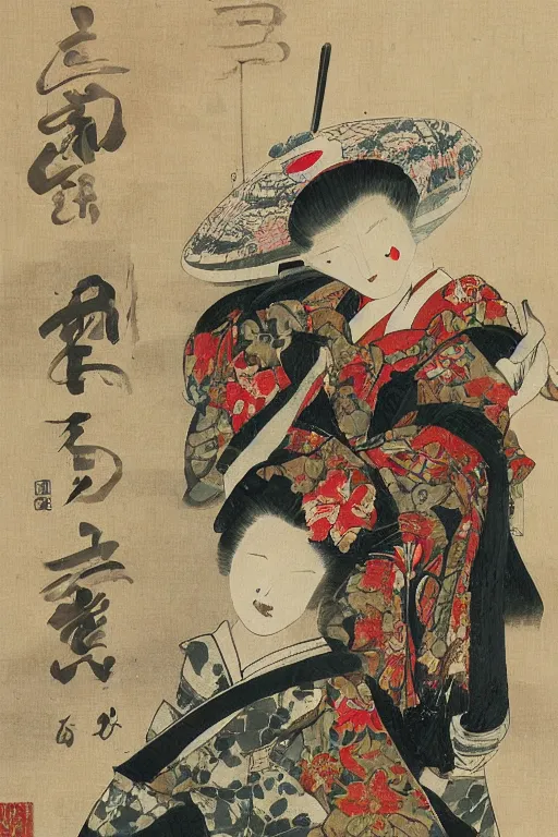 Image similar to geisha with traditional kimonogeisha with traditional kimono, art of the edo period, traditional japanese illustration