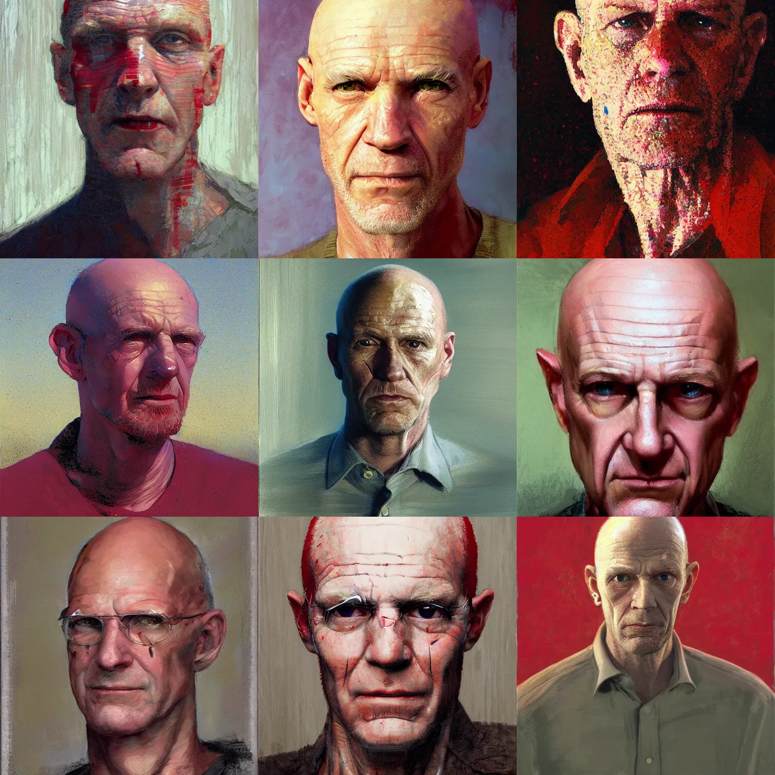 Prompt: full head portrait of a slender old white man, bald, stern, stubble. red stripe on head. 50mm, painting by ((Craig Mullins)), by !!Moebius!!, photo by Annie Leibovitz