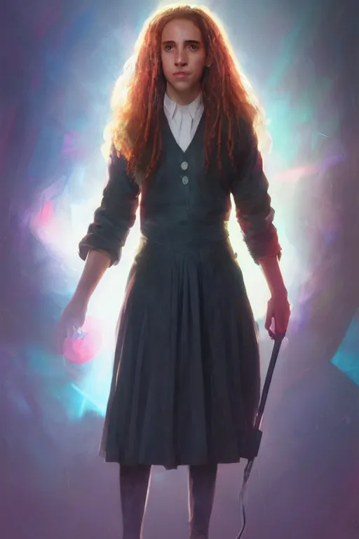 Image similar to portrait of Hermione Granger in cyberpunk, neon lighting, digital art from artstation by Ruan Jia and Mandy Jurgens and Artgerm and william-adolphe bouguereau and Greg Rutkowski and Wayne Barlowe