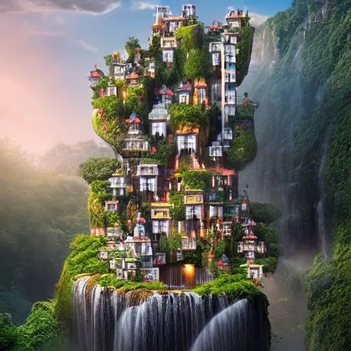 Prompt: waterfall village, by benoit mandelbrot, filip hodas, vincent callebaut, and mike campau