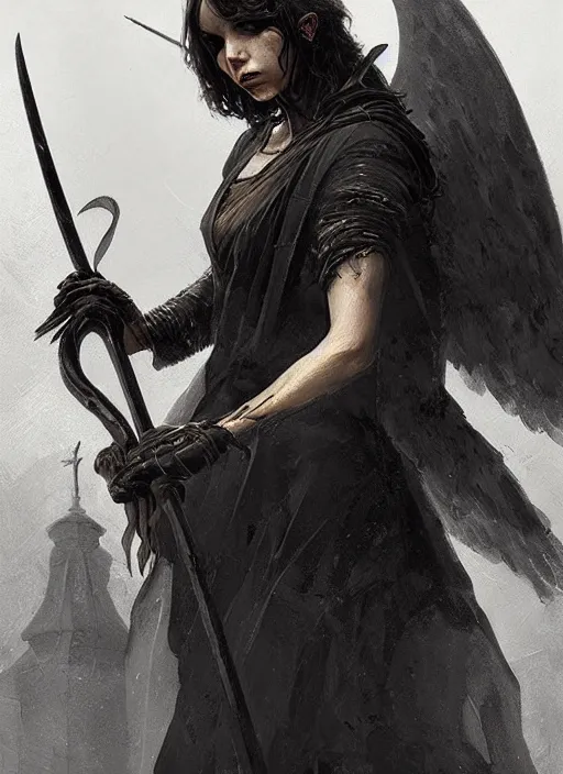 Prompt: a portrait of a beautiful angel of death with black wings holding a large scythe by marco bucci and greg rutkowski, sharp focus, detailed, cinematic, closeup