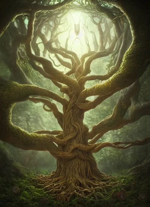 Image similar to highly detailed closeup portrait of a yggdrasil tree, unreal engine, nicoletta ceccoli, mark ryden, lostfish, earl norem, global illumination, god rays, detailed and intricate environment