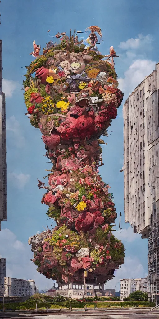 Image similar to giant grotesque flower in the middle of abandoned early soviet constructivist cityscape, Stalinist architecture, ultradetailed by Hayao Miyazaki and Josan Gonzalez and Makoto Shinkai and Giuseppe Arcimboldo and Wes Anderson