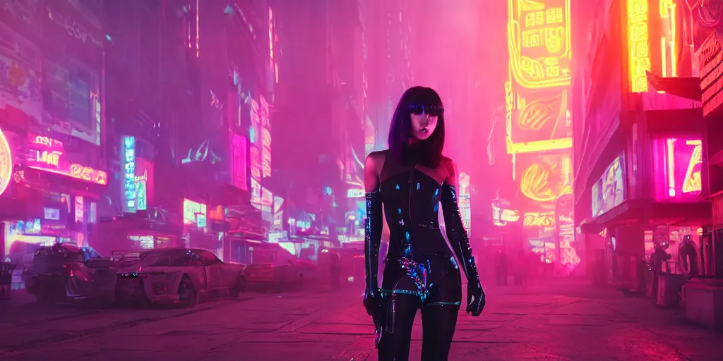 Prompt: busy neon cyberpunk city at night with fog, neon signs, corporate holograms, extreme long shot. joi from blade runner 2049, wearing burning man costume, cyberpunk geisha makeup, gradient pastel hair, hands on hips in a confident pose, vinyl boots, wide angle, full f/22, award winning photo, hyperrealistic, smooth textures