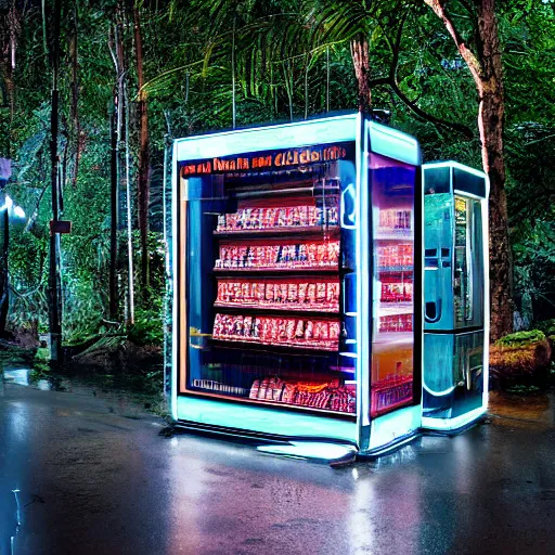 Prompt: a photograph of a roadside shop and glass vending machines at night in an asian forest during a rainstorm, rain, dark, gloomy, desaturated, glowing light, 8 k