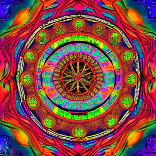 Image similar to 8k psychedelic abstract illustration of a dreamcatcher woven with a sacred geometry mandala