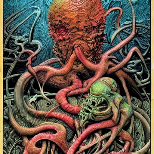 Prompt: madness creature, fluid, smooth, organic, crazy, bright, colours, tumours, very detailed, intricate, by giger and corben and moebius and beksinski and bosch and bacon