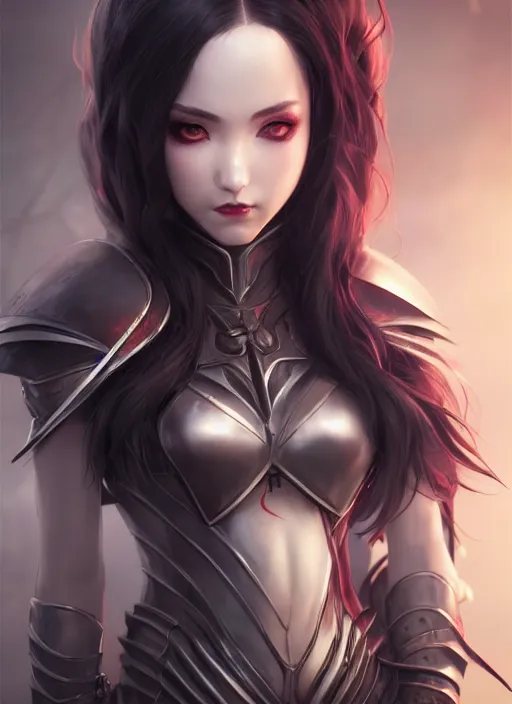 Image similar to full plate armor!!! beautiful and elegant dark hair female vampire!! gorgeous ayes!! character concept art, sharp focus, octane render! unreal engine 5! highly rendered!! trending on artstation!! detailed linework!! illustration by artgerm, wlop, and chie yoshii